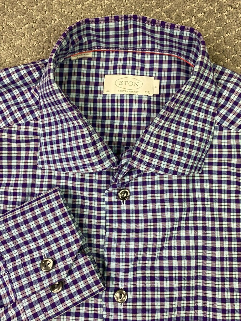 Eton Contemporary Shirt Mens Medium 40 15 3/4 Purple Blue Gingham Check York